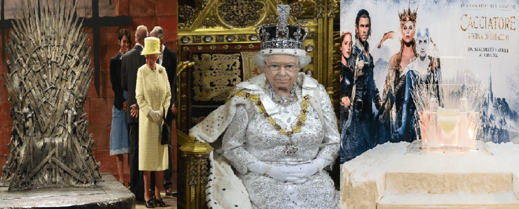 Set Belfast in Irlanda Nord - Game of Thrones - Visita Regina Elisabetta II e consorte Filippo - Leggende- sul Trono- Film: Il Cacciatore e la Regina di Ghiaccio - Set promozionale- Roma- Trono di ghiaccio Curiosità-soprendenti- Leggende-sul-Trono-per-la-Regina-Elisabetta-II-UK